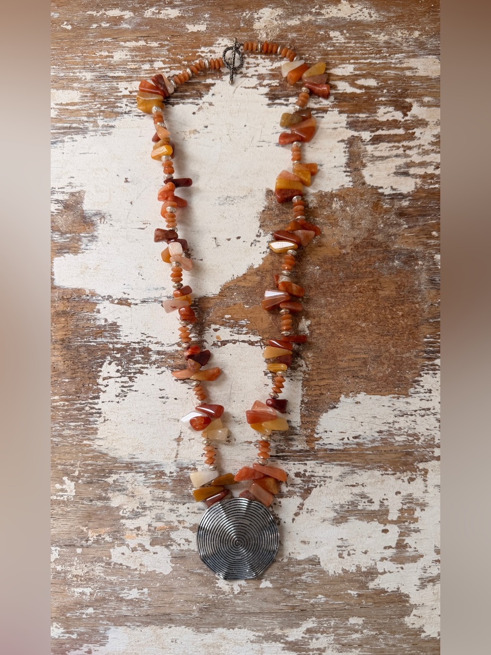 Vintage Orange and Brown Carnelian Chip Necklace with Silver Spiral Pendant